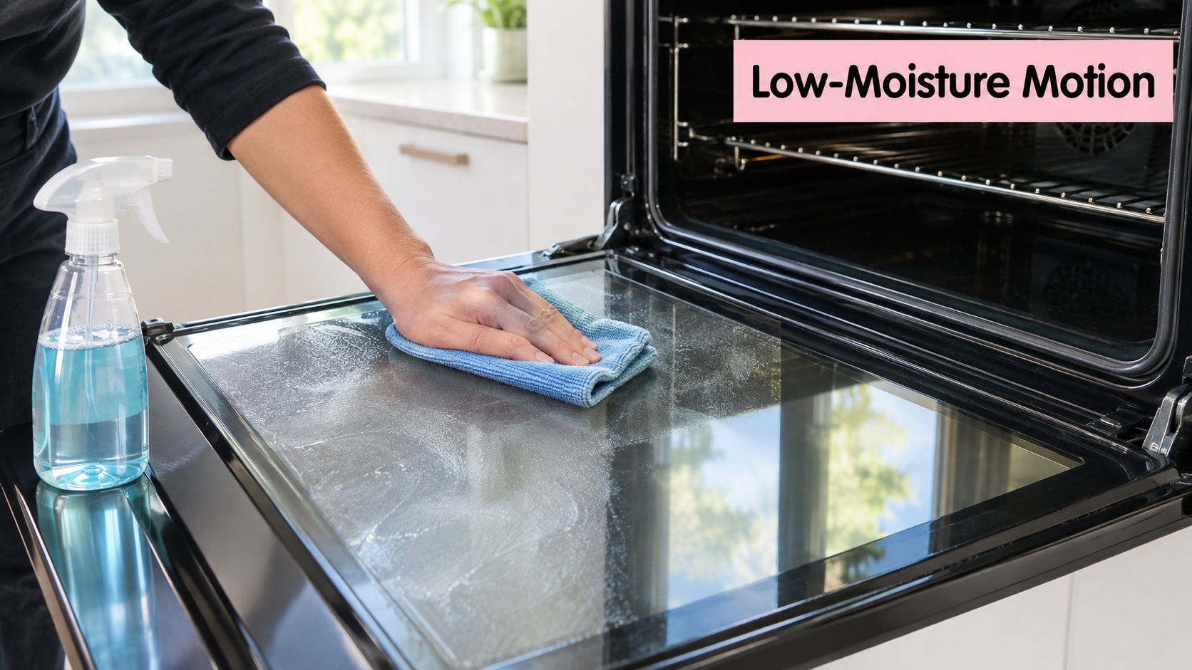 A person using a blue cloth and cleaning spray to clean the inside glass of an oven.