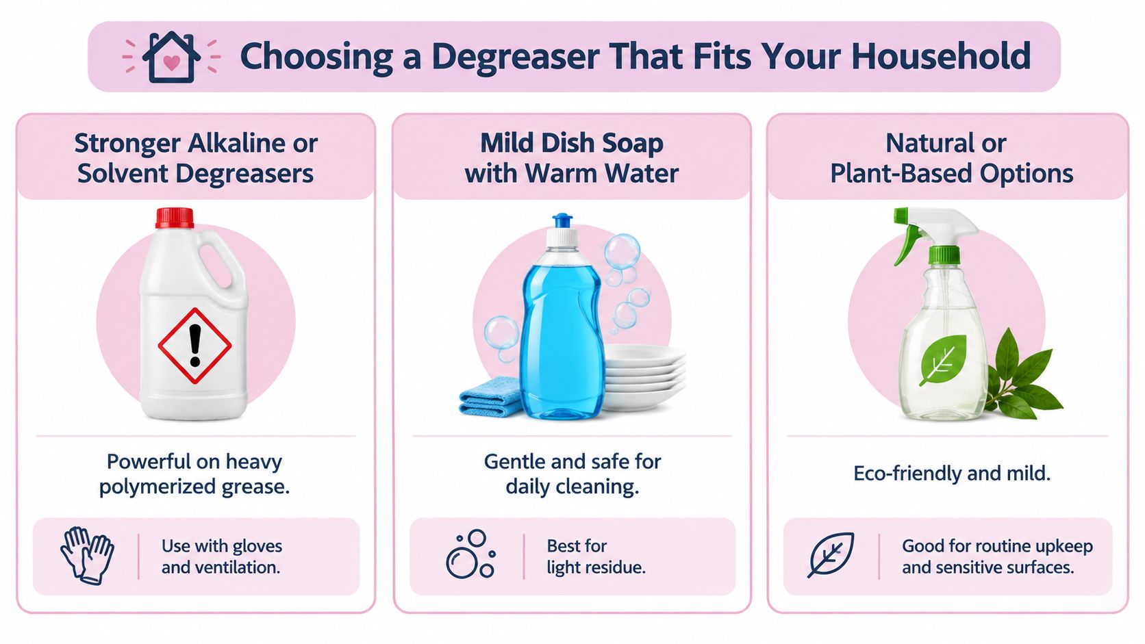 A guide for choosing household degreasers, illustrating three types: strong chemicals, mild dish soap, and natural options.