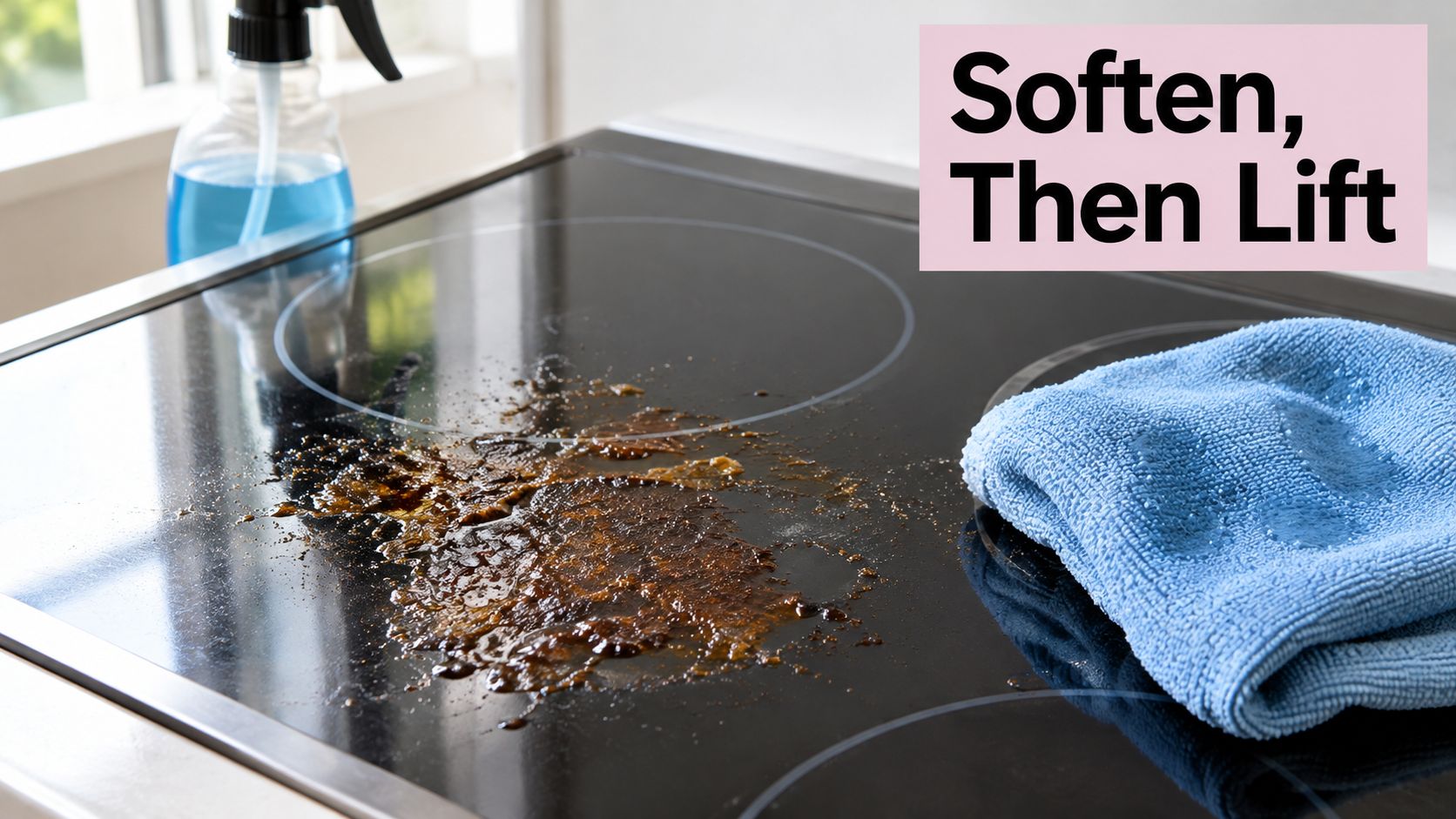 A dirty glass stovetop with burnt grease stains being cleaned with a blue microfiber cloth and spray.