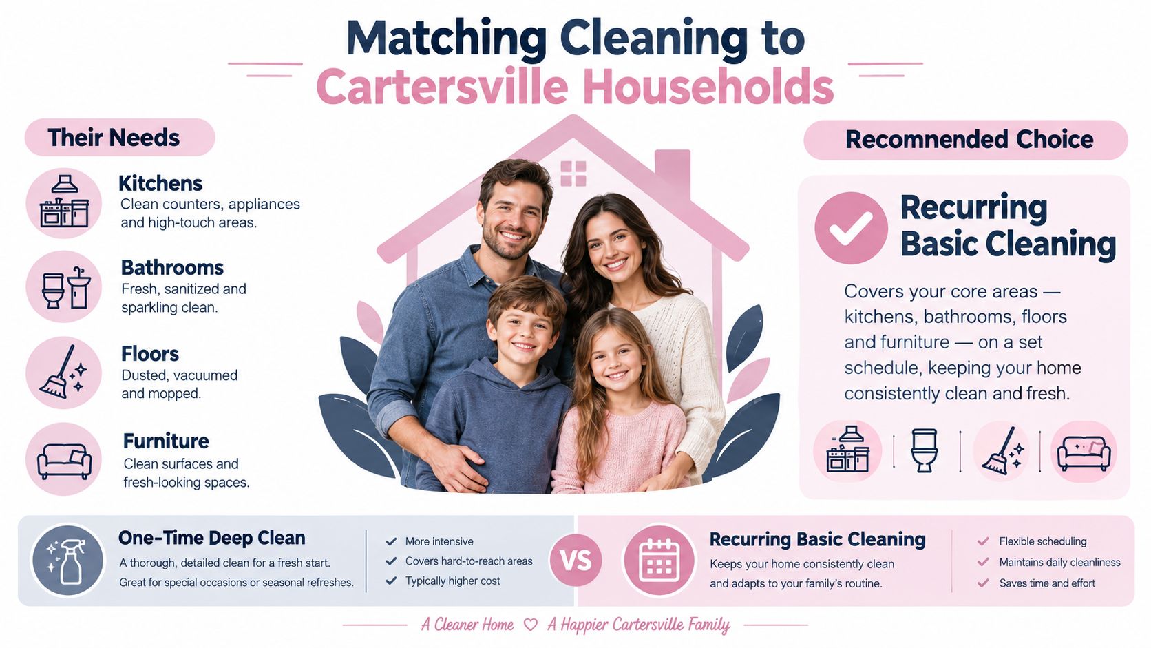 A family of four smiling in front of a house graphic promoting recurring basic cleaning services in Cartersville.
