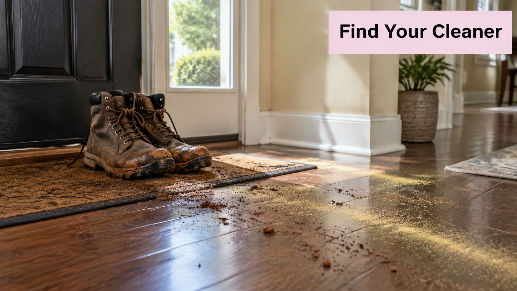 A pair of muddy boots on a doormat with dirt and debris scattered on the hardwood floor.