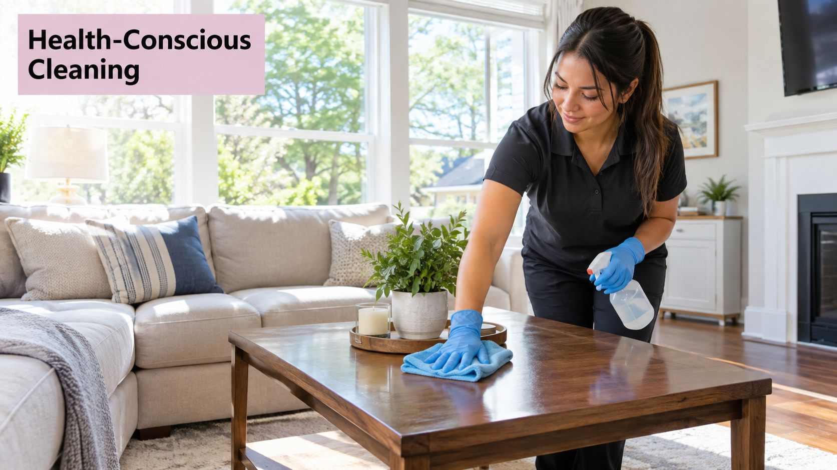 A professional maid service cleaner in blue gloves wipes down a coffee table in a bright home.