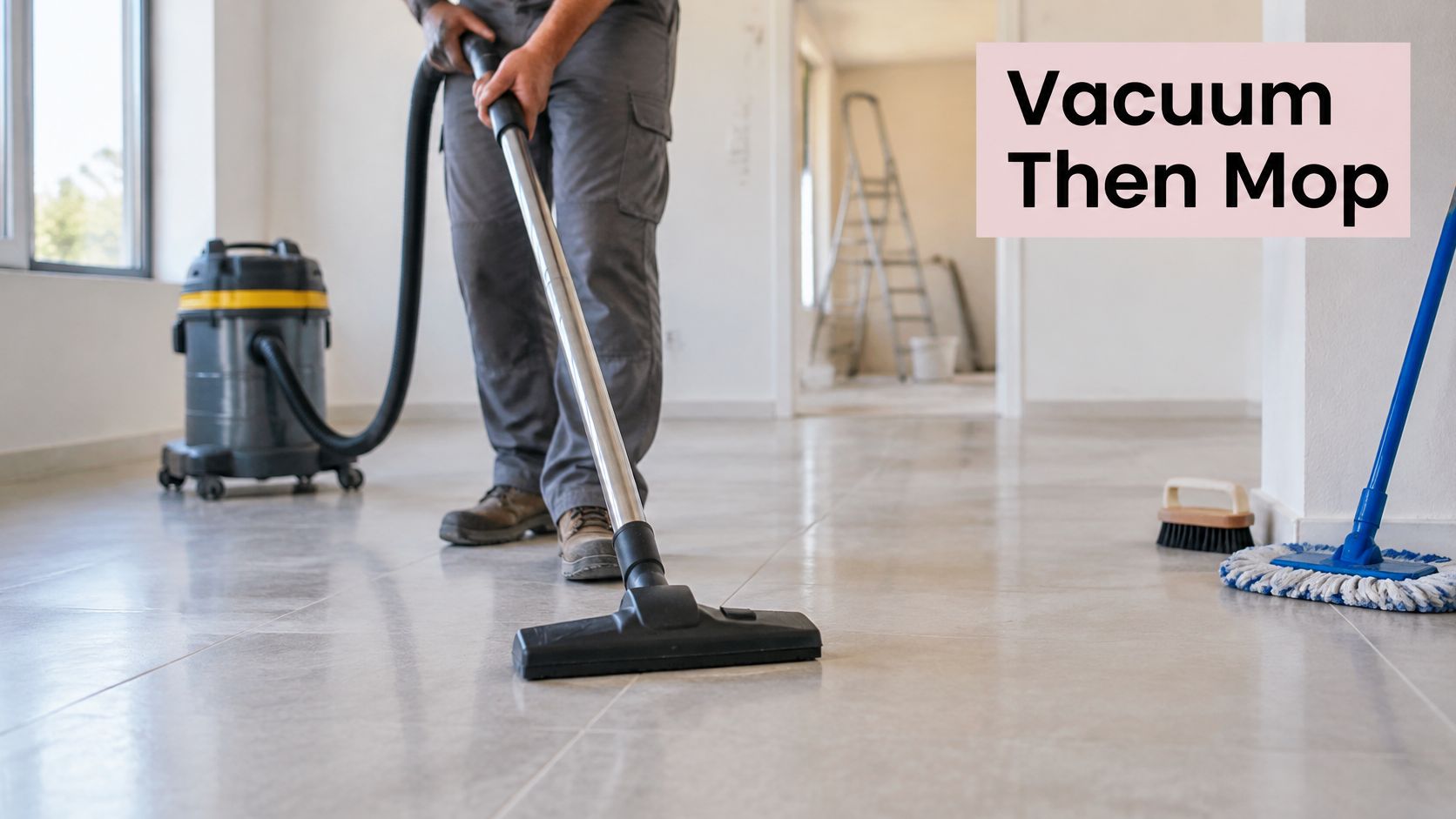 A professional cleaner using a shop vacuum to clean the tile floor of a new construction home.