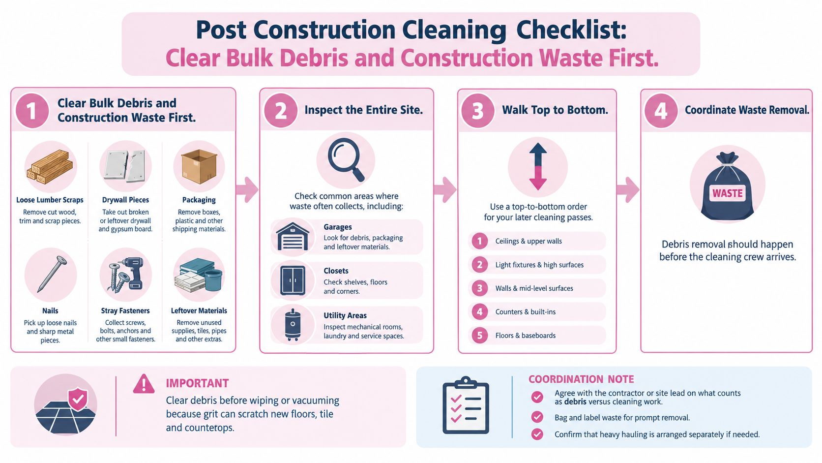 An infographic titled Post Construction Cleaning Checklist outlining four essential steps for clearing debris and waste effectively.