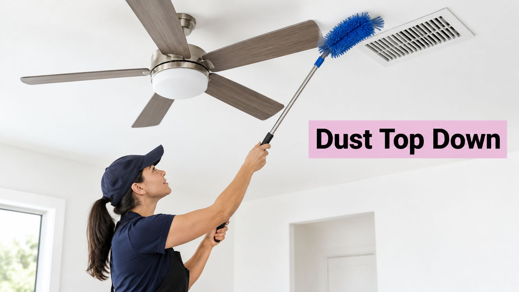 A professional cleaner using a long-handled duster to clean a ceiling vent in a bright room.