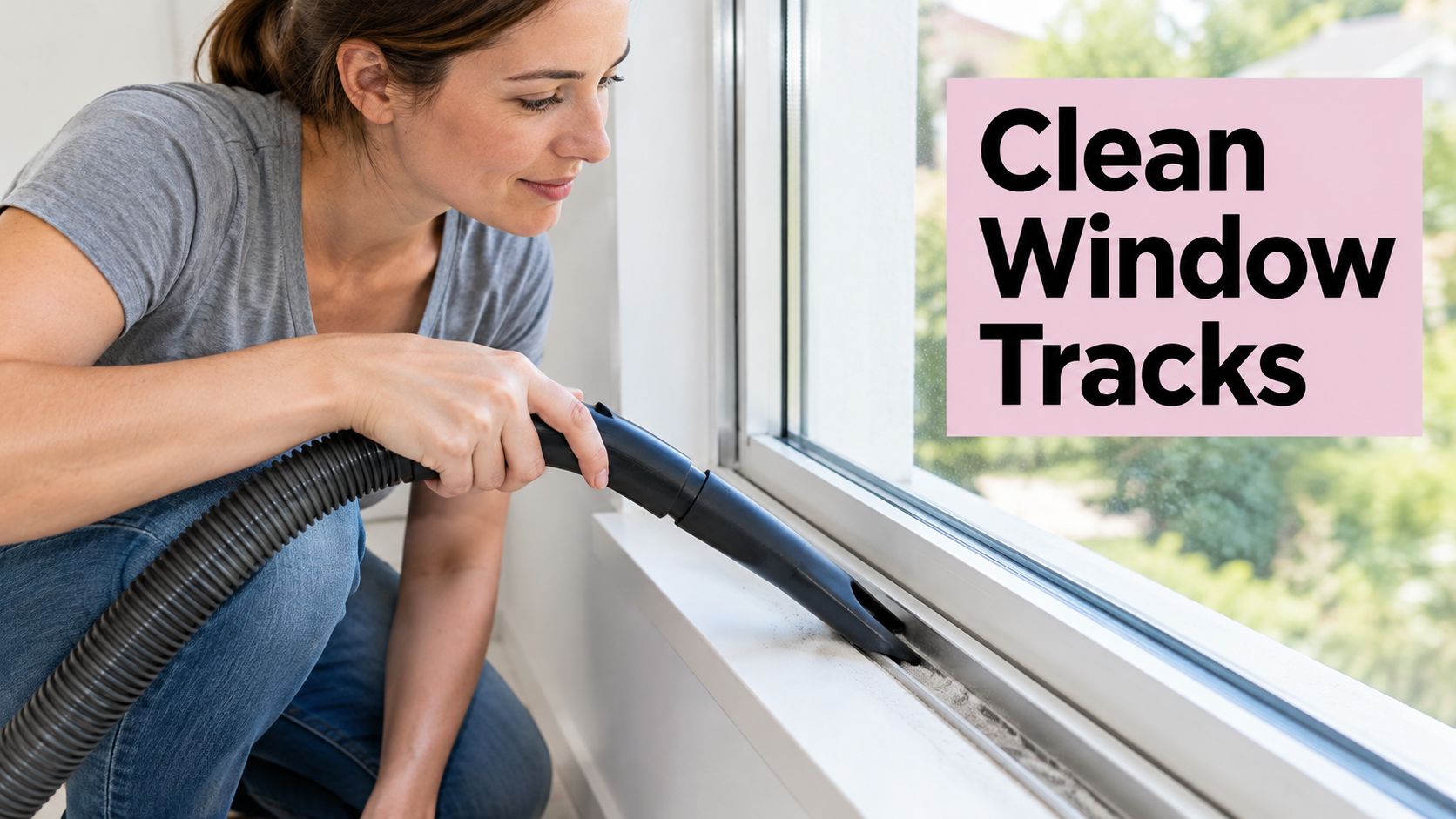 A woman uses a vacuum cleaner nozzle to remove dust from window tracks during home maintenance.