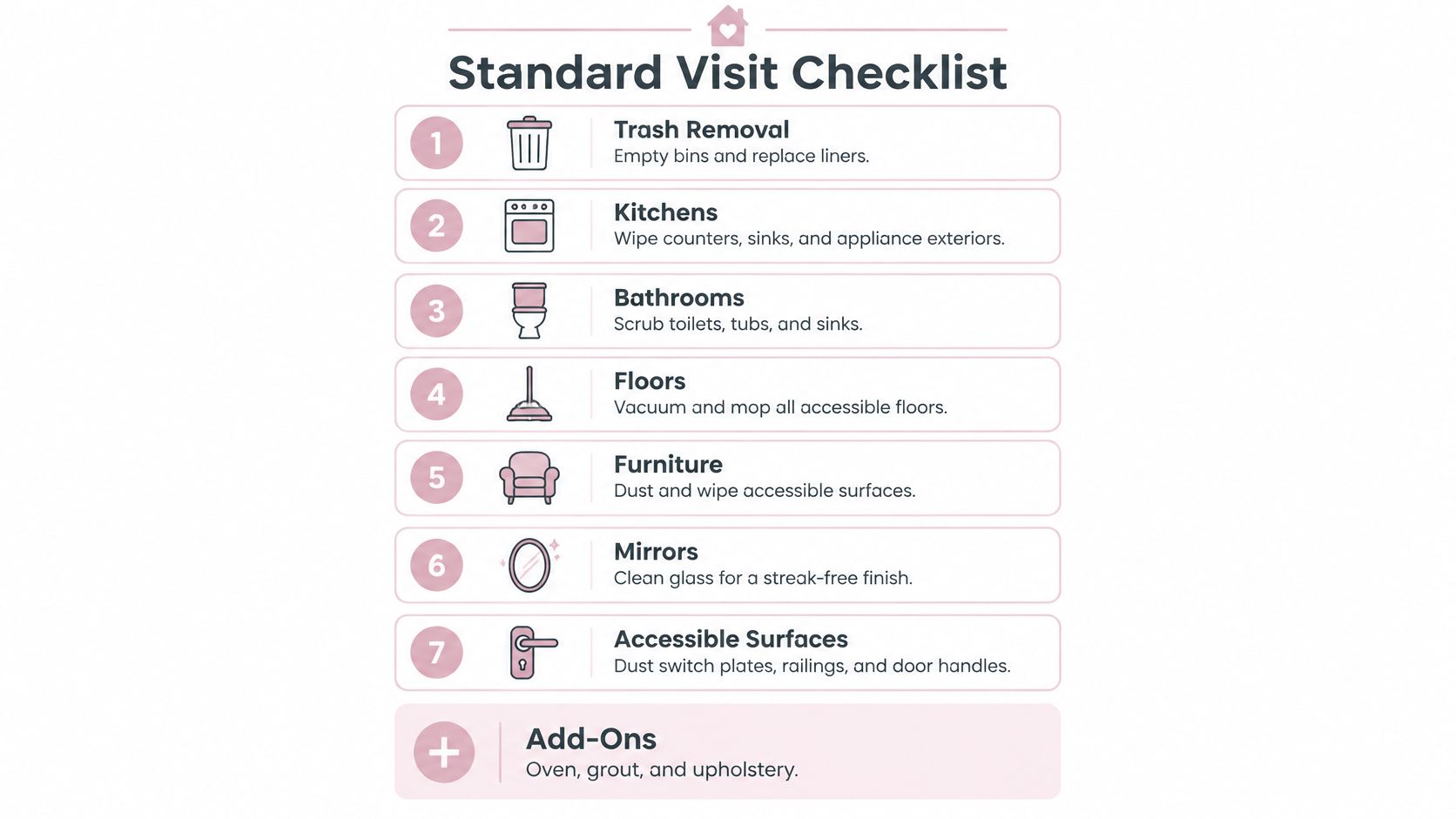 A standard house cleaning service checklist outlining daily tasks from trash removal to dusting surfaces.