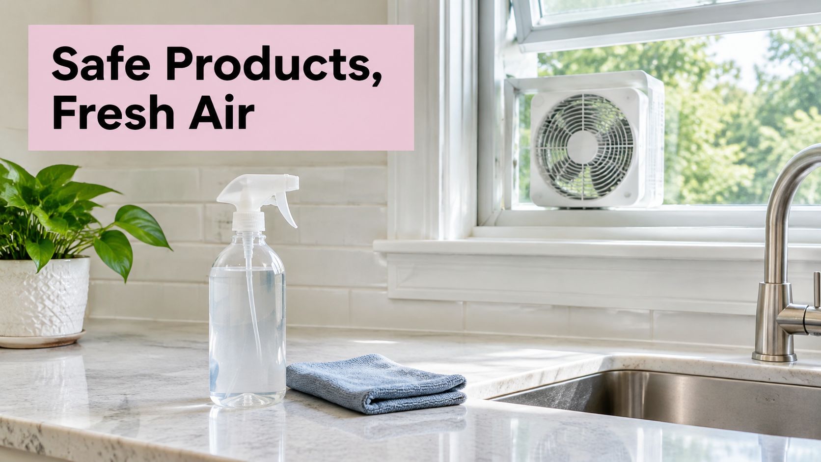 A clean kitchen counter featuring a spray bottle, cleaning cloth, and a window fan for fresh air.