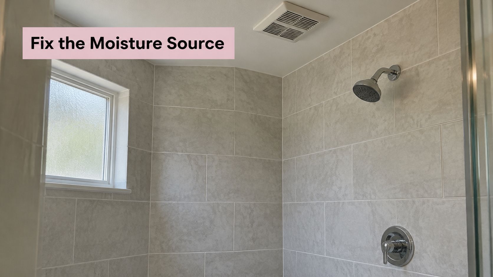 A tiled bathroom shower area with a window and ventilation fan to manage moisture and humidity levels.