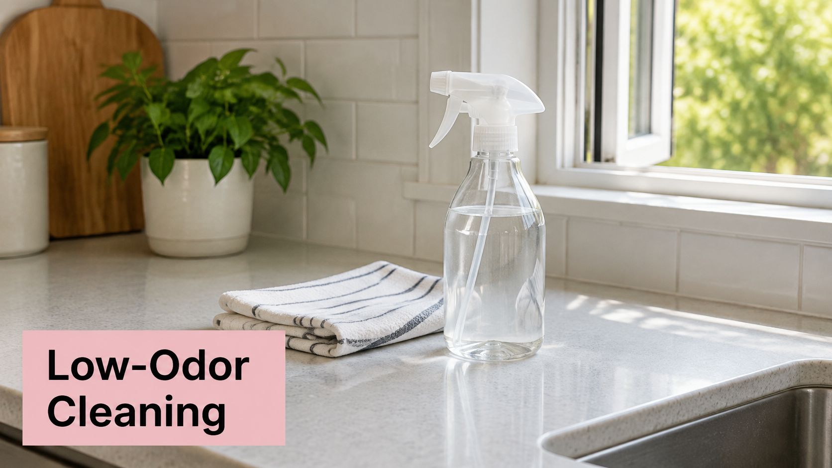 A clear spray bottle and a folded striped cloth on a bright, clean kitchen countertop near a plant.