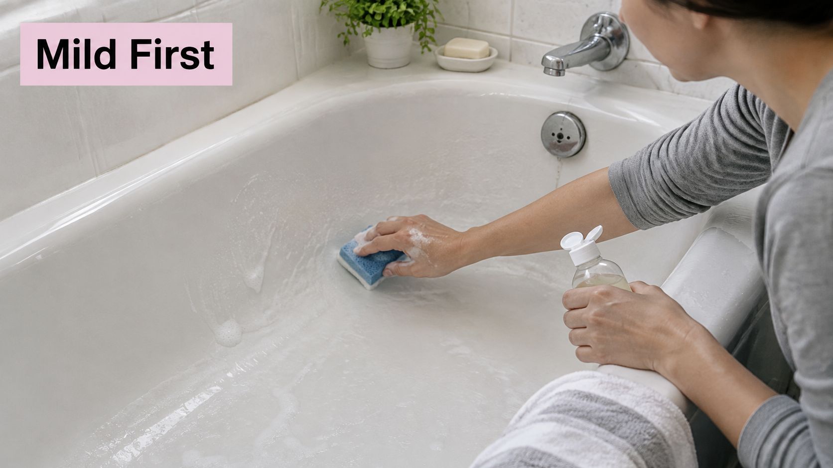A person wearing a grey shirt is cleaning a white porcelain bathtub with a blue sponge.