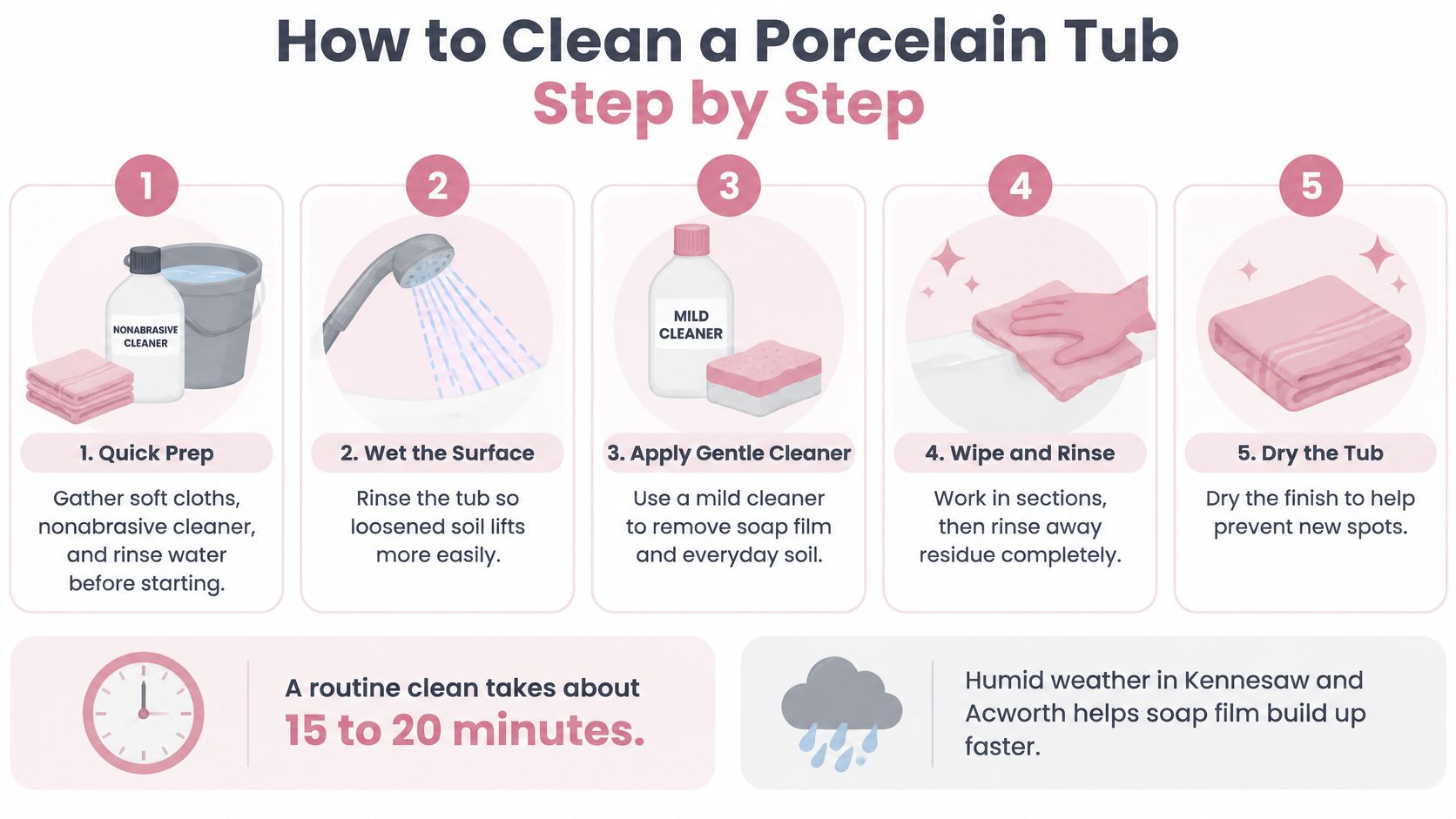 A step-by-step infographic illustrating how to clean a porcelain tub efficiently in fifteen to twenty minutes.