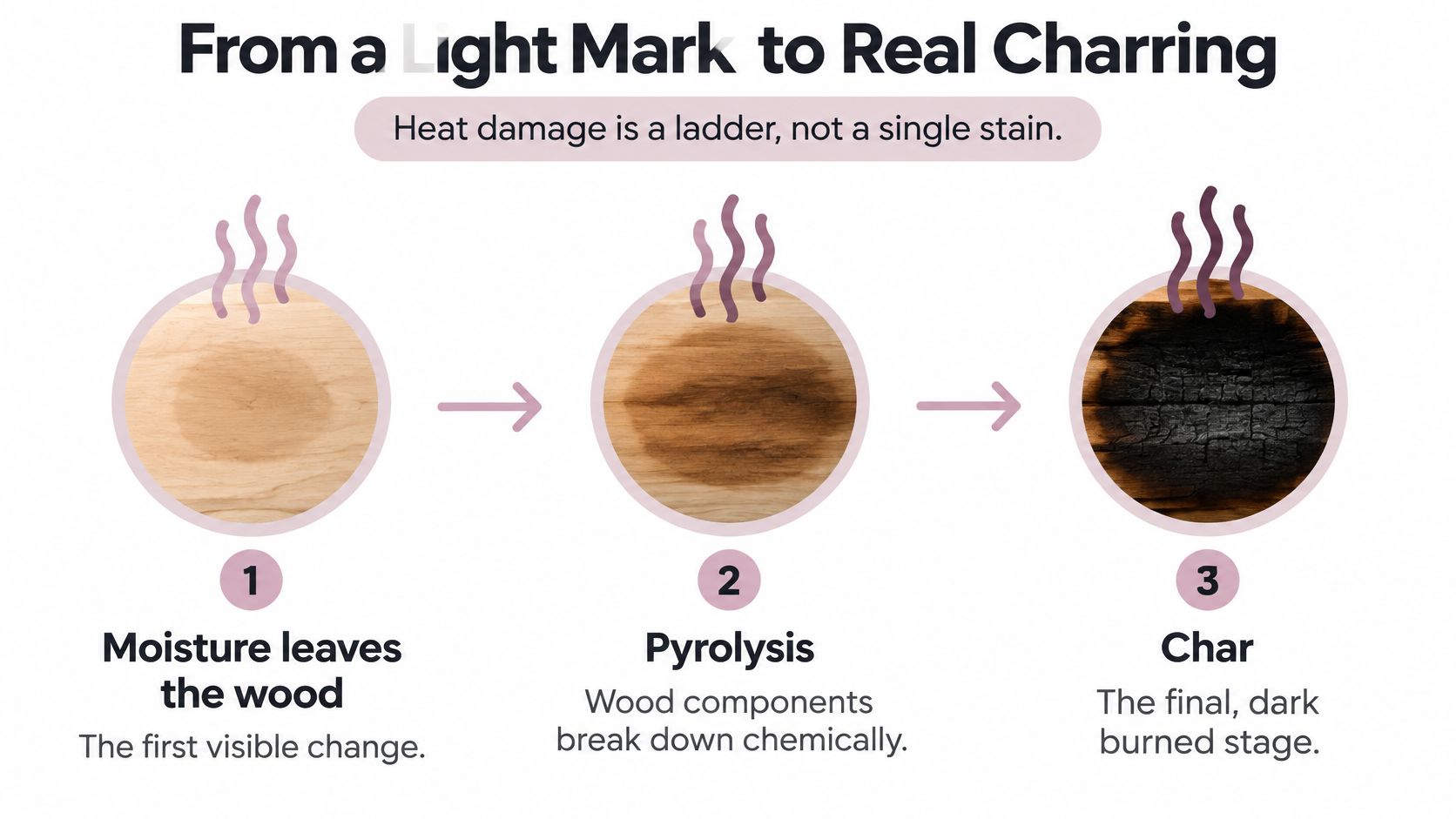 A diagram illustrating the three progressive stages of wood heat damage: moisture loss, pyrolysis, and charring.