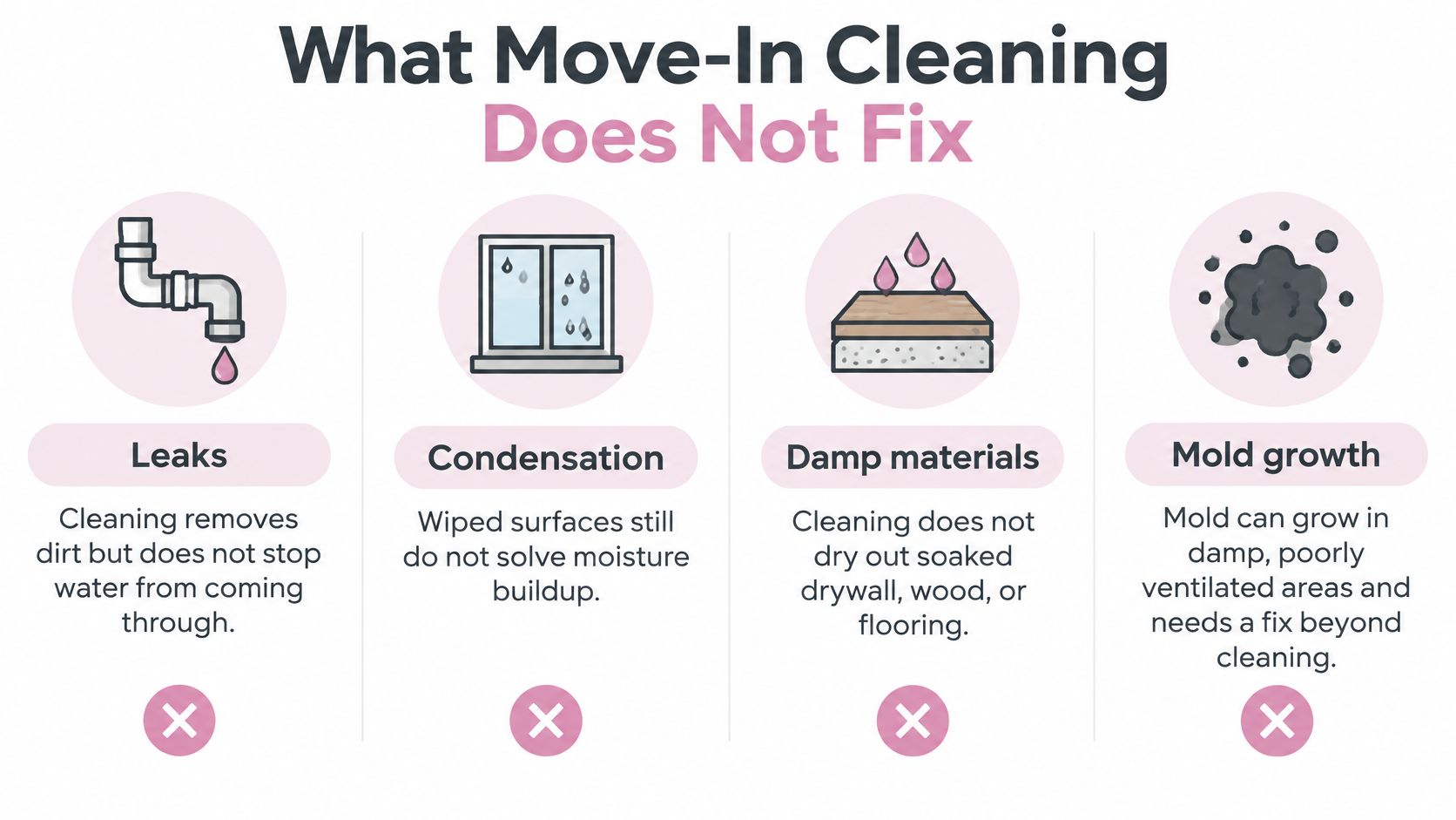 An infographic showing four common home issues that a standard move-in cleaning service does not fix.