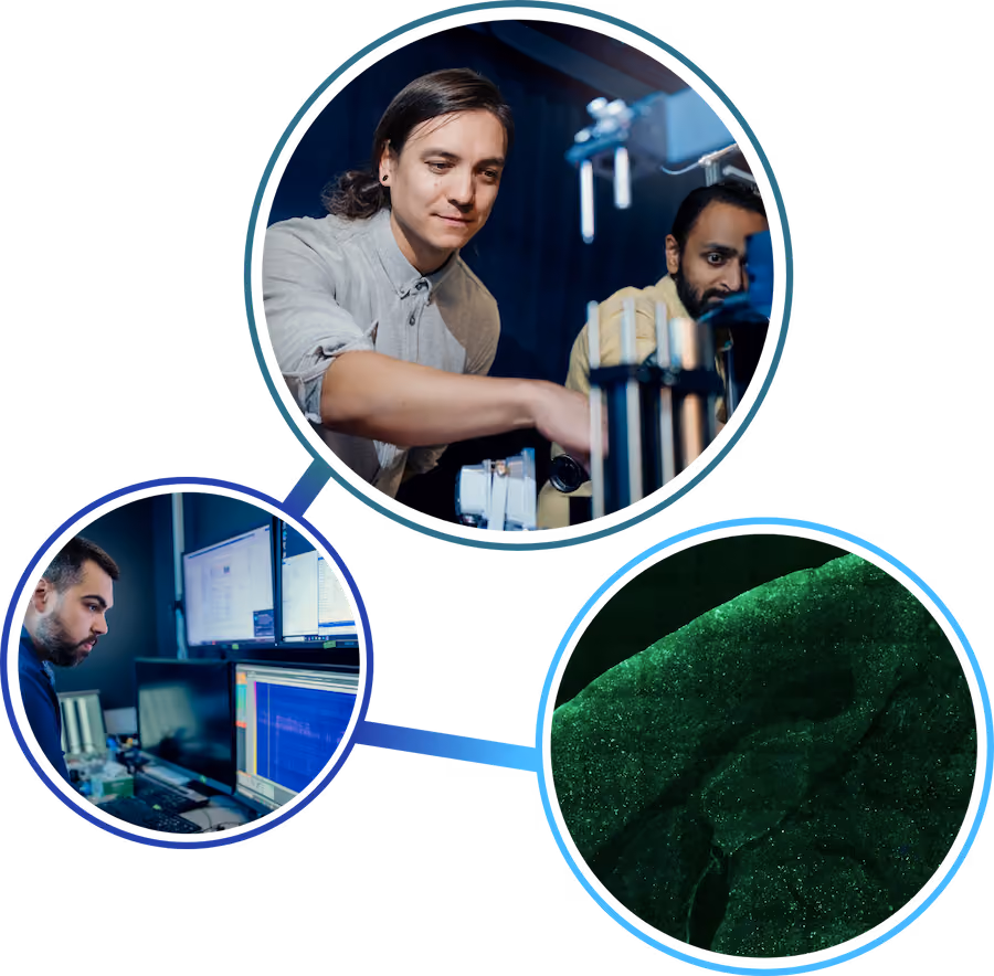 A collage of three photos within 3 different sized circles: a fluorescent microscopy image of neural cells, a lab member looking at a computer monitor, two lab members working with a microscope.