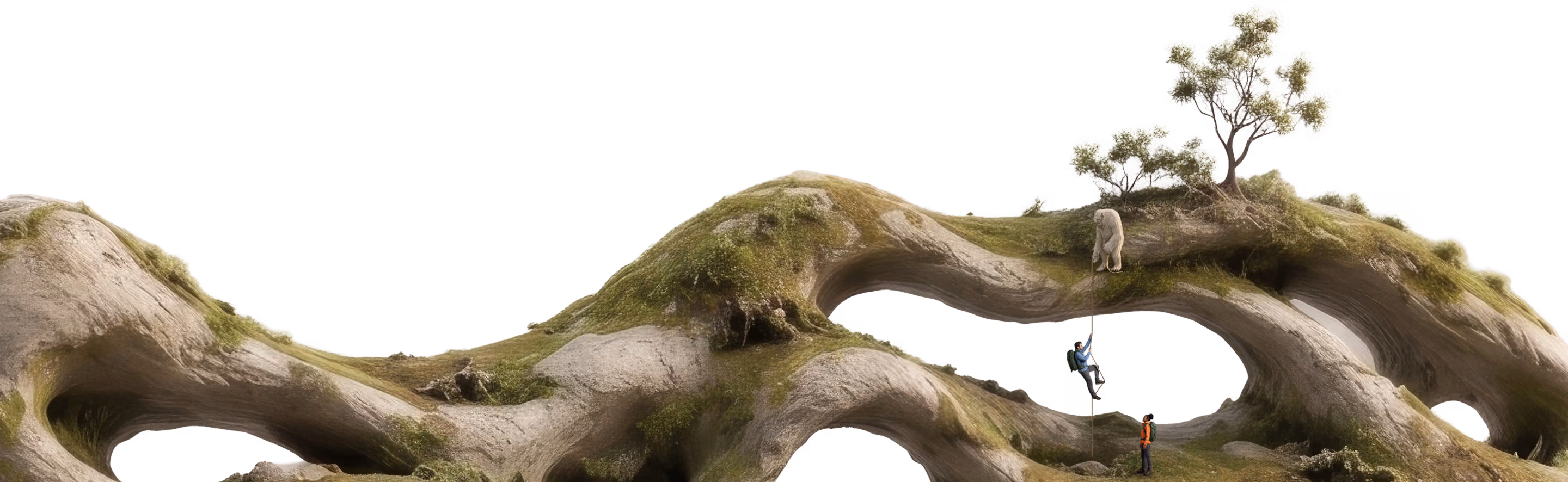 2 hikers and a friendly Yeti traverse a surreal, organic flowing landscape of sandy coloured rock covered with green moss and vegetation. The Yeti is helping the hikers climb to an upper level of rock using climbing ropes.