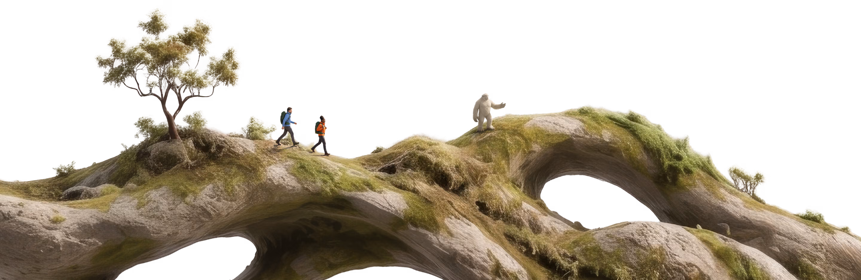 A yeti leads 2 hikers across a surreal, otherworldly landscape formed of smooth twisting rocks covered in moss and vegetation.