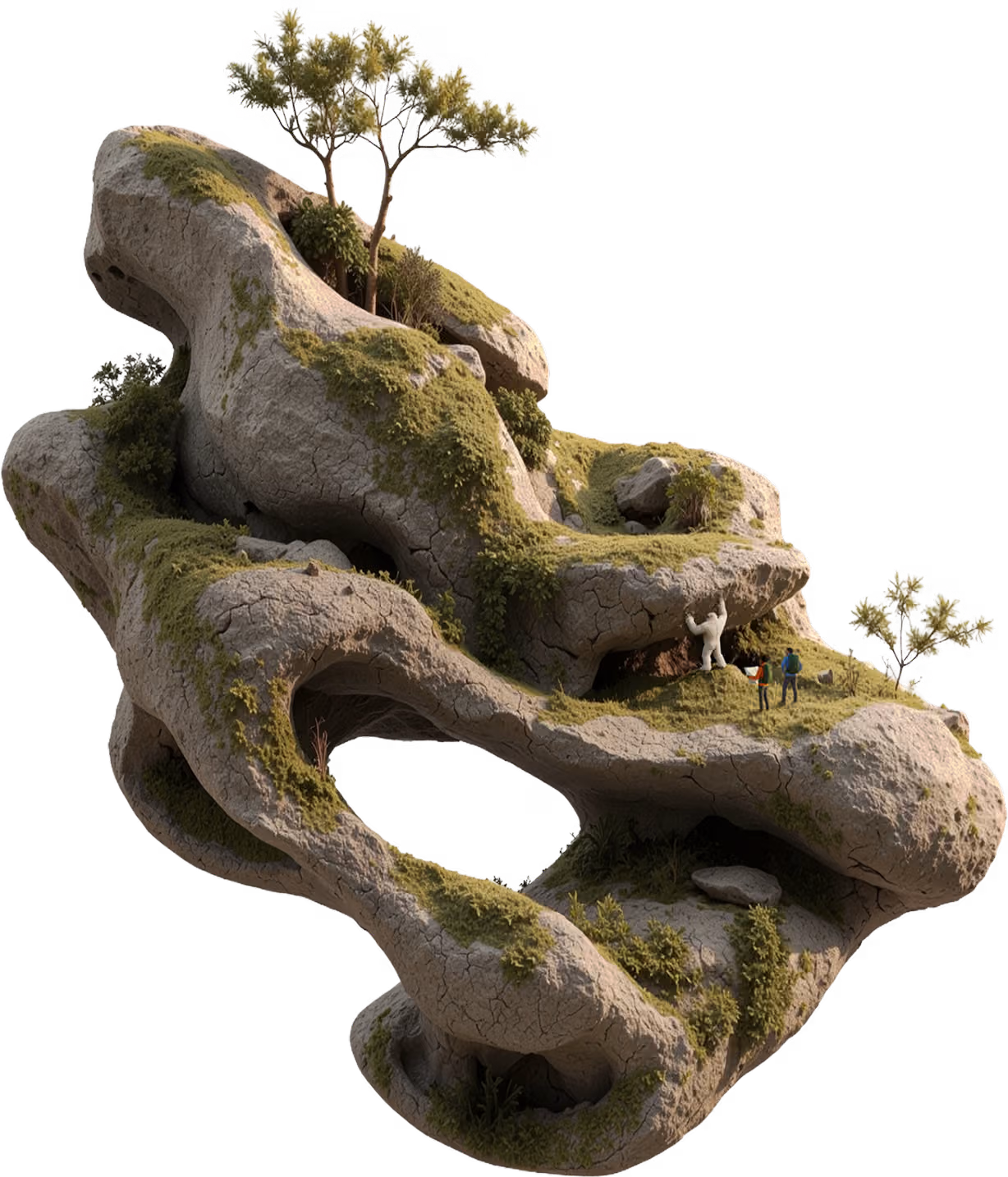 A surreal, other-wordly floating chunk of landscape with smooth bulging rock formations, caves and holes, covered with moss and vegetation and a few small trees. Traversing this landscape are a yeti and 2 hikers are looking at a map and working out how to climb up over a section of overhanging rock. 