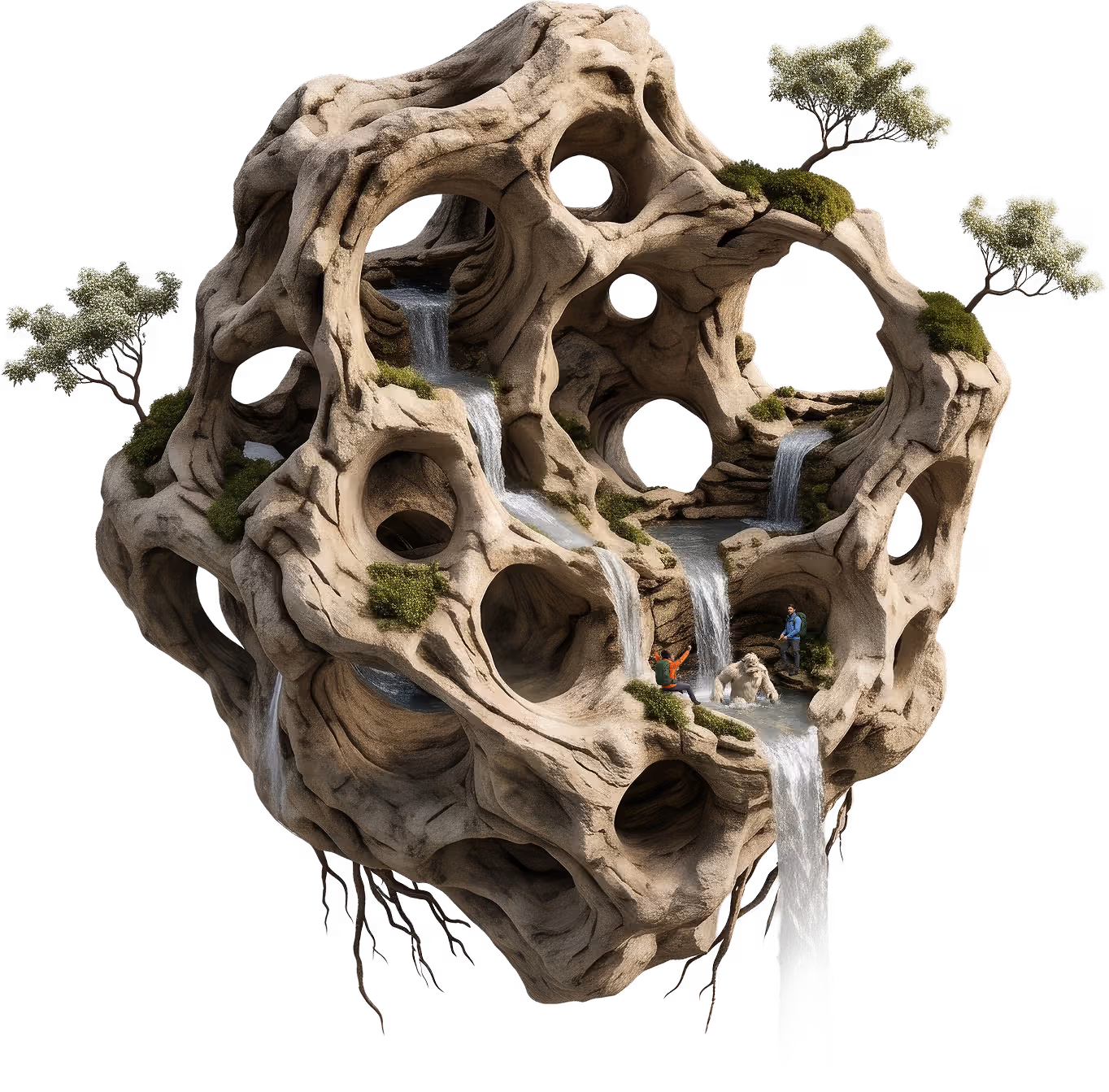 a surreal, other-wordly floating chunk of landscape, a rocky ball formed of holes and caves with a stream of water winding through it's internal caverns. A yeti and 2 hiker companions fish in a pool at the bottom of a waterfall