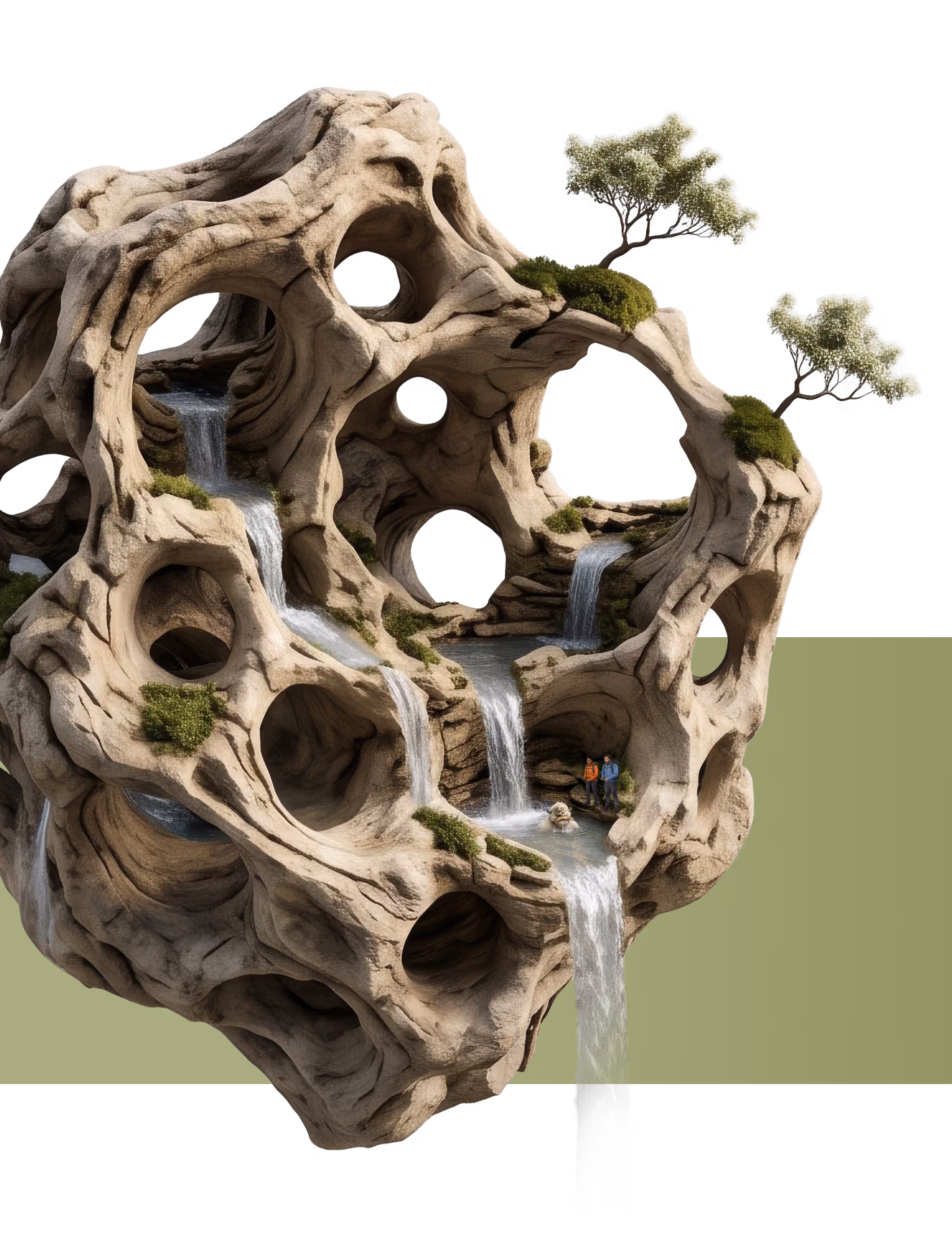 a surreal, other-wordly floating chunk of landscape, a rocky ball formed of holes and caves with a stream of water winding through it's internal caverns. A yeti and 2 hiker companions fish in a pool at the bottom of a waterfall