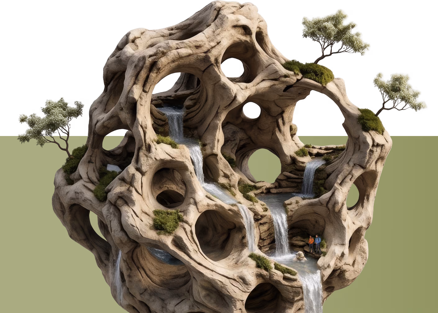 a surreal, other-wordly floating chunk of landscape, a rocky ball formed of holes and caves with a stream of water winding through it's internal caverns. A yeti and 2 hiker companions fish in a pool at the bottom of a waterfall