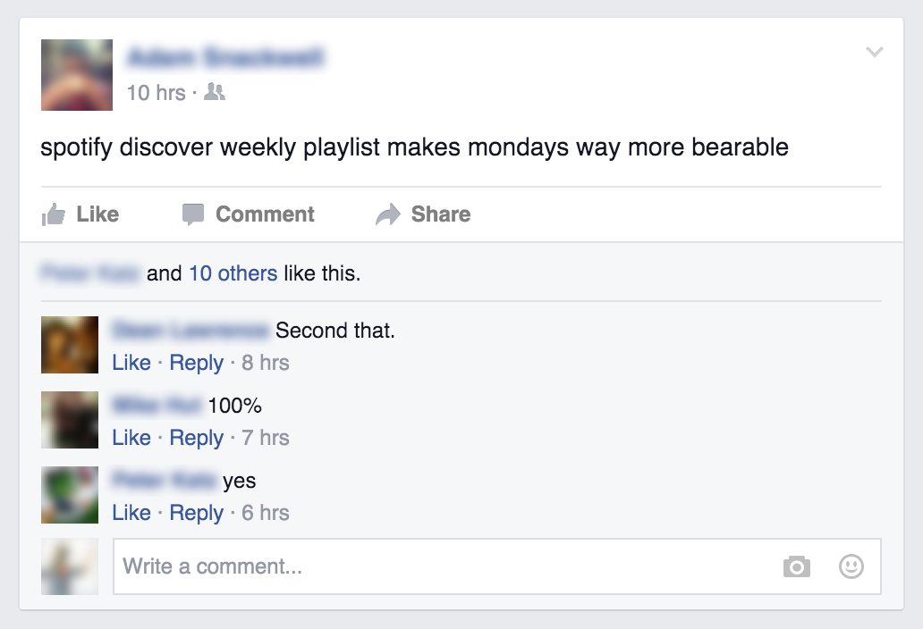 Facebook users gush over Spotify Discover weekly