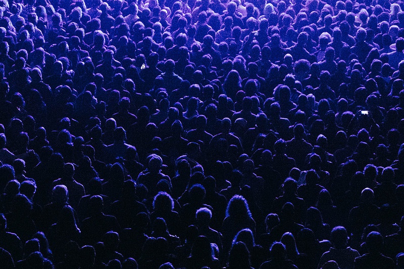 Large crowd drenched in purple light