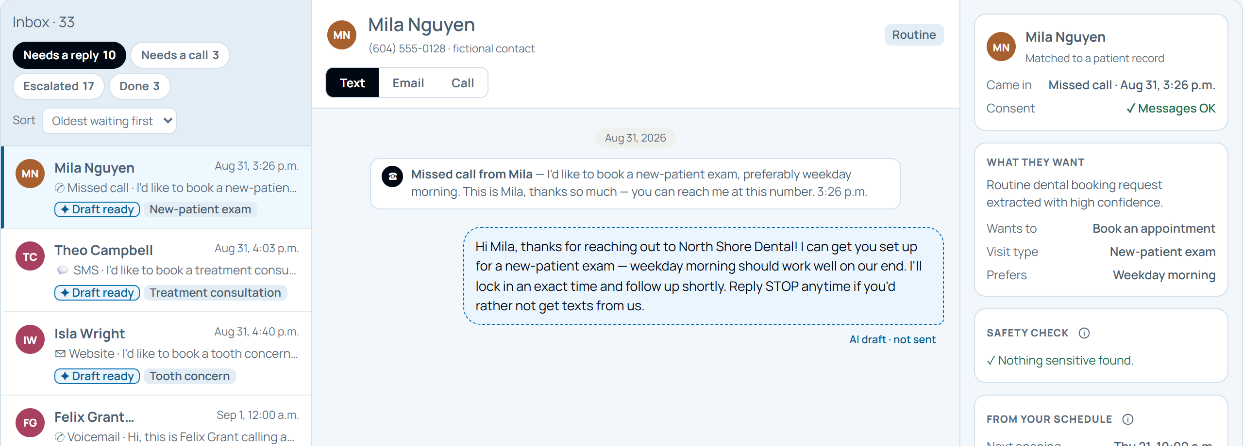 Practiceflow inbox showing a missed call from a patient and an AI-drafted reply marked not sent, waiting for staff approval