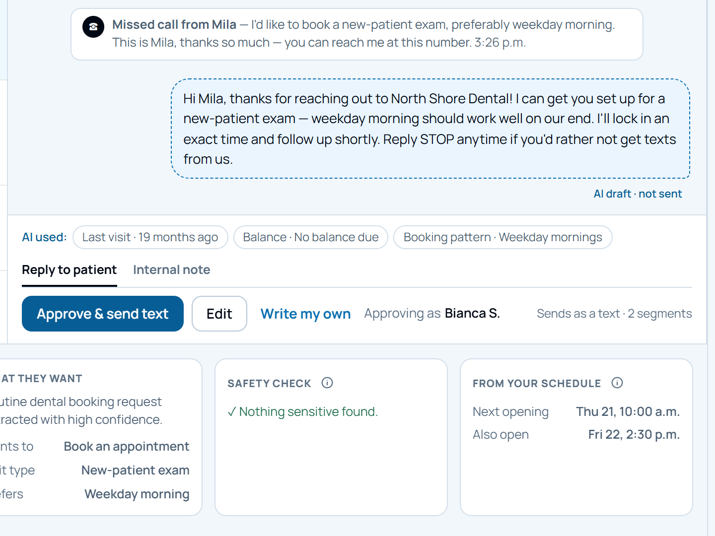 An AI-drafted reply marked not sent, with Approve and send, Edit and Write my own controls, and a safety check showing nothing sensitive found