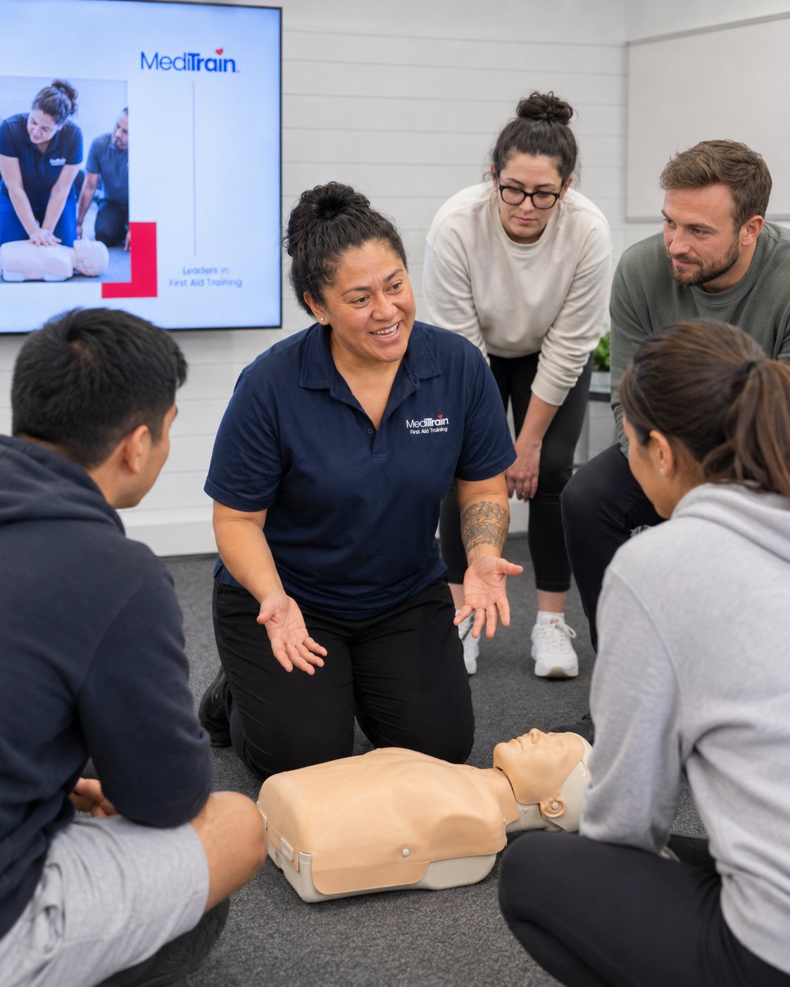 MediTrain instructor demonstrating CPR to a small group of learners