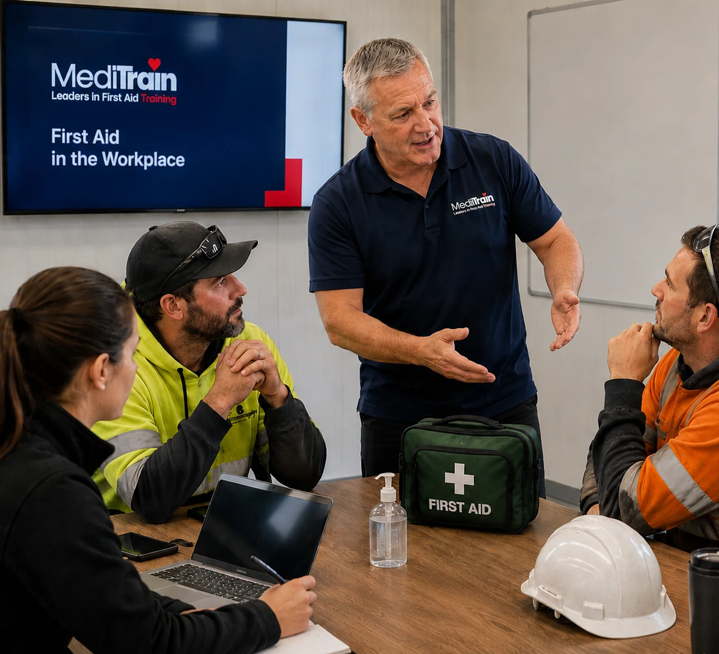 MediTrain instructor running a first aid session for a construction crew at their workplace