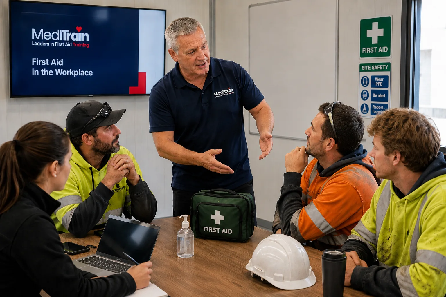 MediTrain instructor running an onsite workplace first aid course for a construction crew in their site office