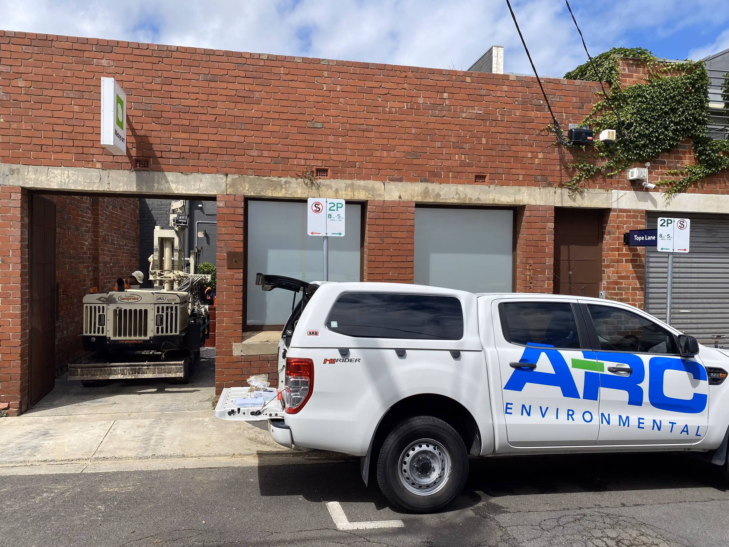ARC Environmental vehicle and drill rig in a Melbourne laneway