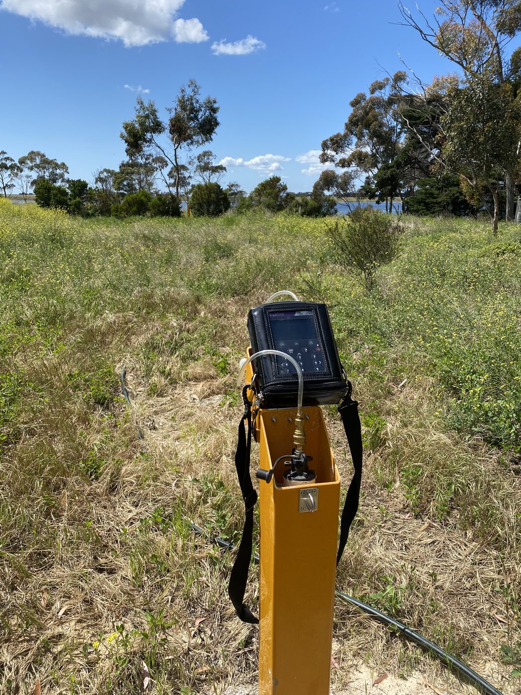 Gas monitoring bore with a data logger in open grassland
