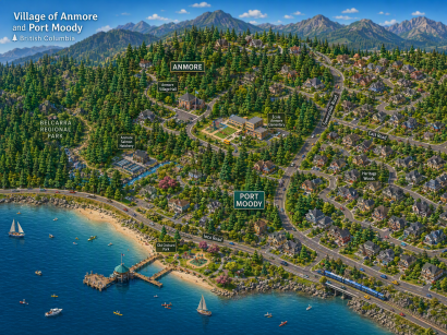 An illustration rendering an aerial view of Anmore, British Columbia, by The Crazy Plumber