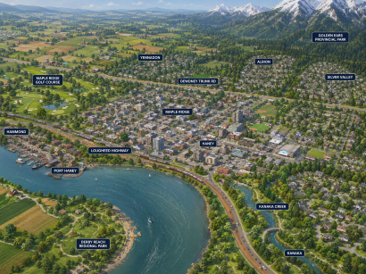 An illustration rendering an aerial view of Maple Ridge, British Columbia, by The Crazy Plumber