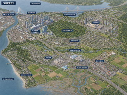 An illustration rendering an aerial view of Surrey, British Columbia, by The Crazy Plumber