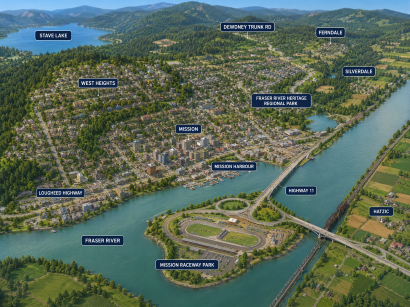 An illustration rendering an aerial view of Mission, British Columbia, by The Crazy Plumber