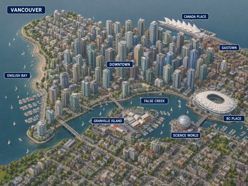 An illustration rendering an aerial view of Vancouver, British Columbia, by The Crazy Plumber