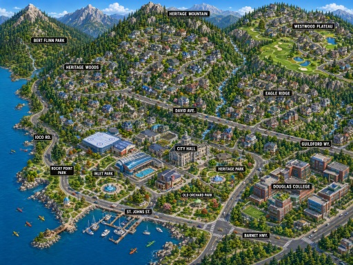 An illustration rendering an aerial view of Port Moody, British Columbia, by The Crazy Plumber