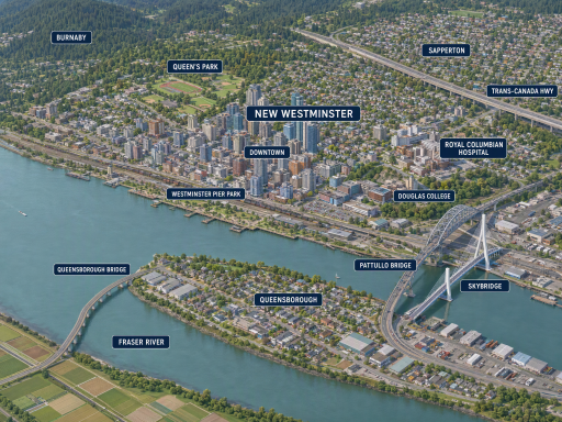 An illustration rendering an aerial view of New Westminster, British Columbia, by The Crazy Plumber