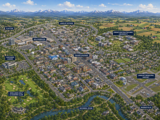 An illustration rendering an aerial view of Langley, British Columbia, by The Crazy Plumber