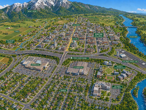 An illustration rendering an aerial view of Chilliwack, British Columbia, by The Crazy Plumber