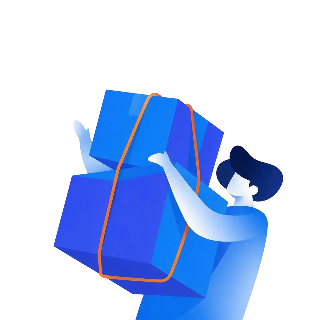 Illustration of a person carrying two large blue packages secured with orange straps.