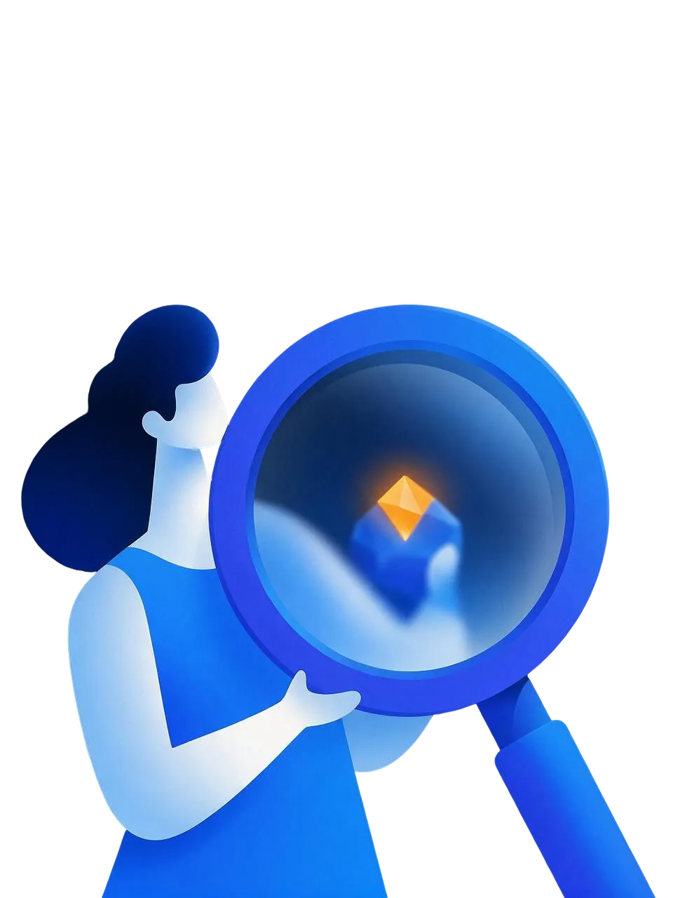 Illustration of a person holding a large magnifying glass showing a glowing orange gem.