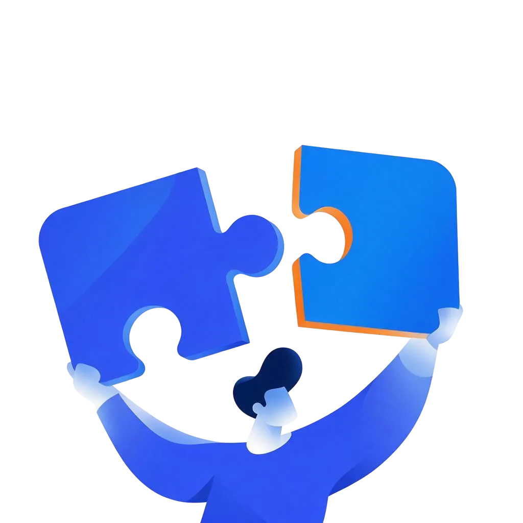 Stylized person holding two large blue puzzle pieces about to connect them.
