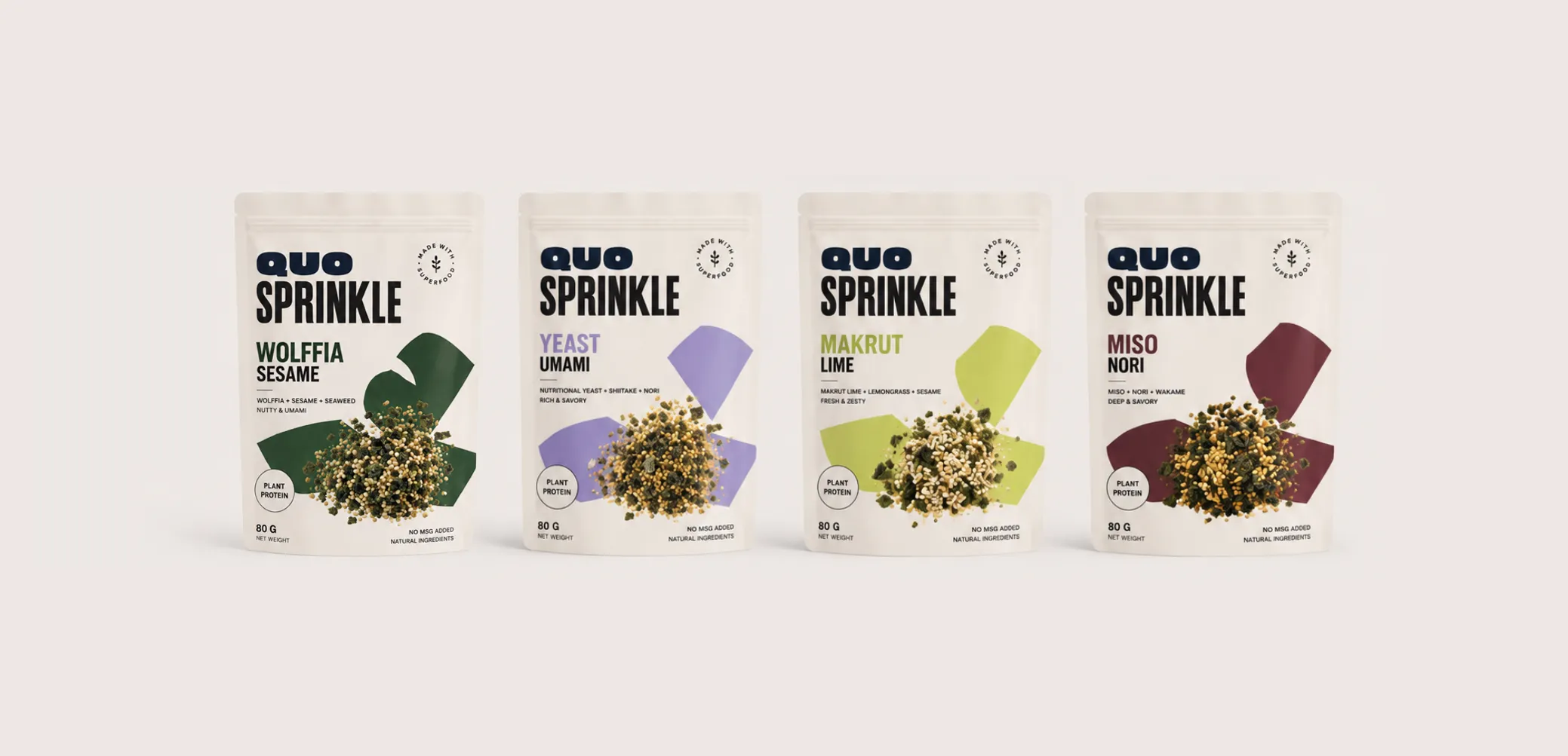 Four QUO SPRINKLE plant protein packages: Wolffia Sesame, Yeast Umami, Makrut Lime, and Miso Nori flavors.