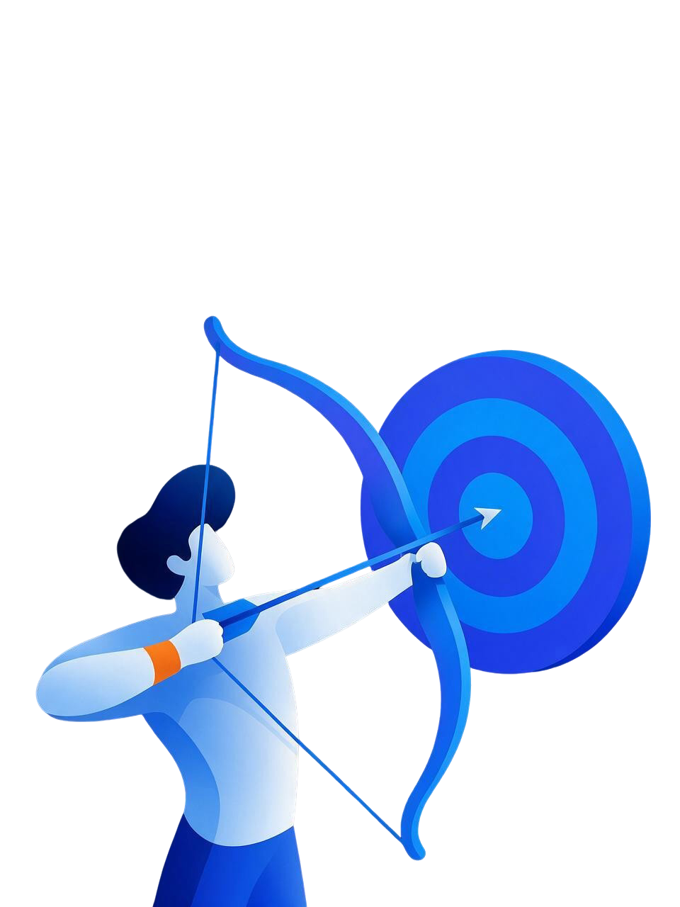 Illustration of a person aiming a bow and arrow at the bullseye of a blue target.