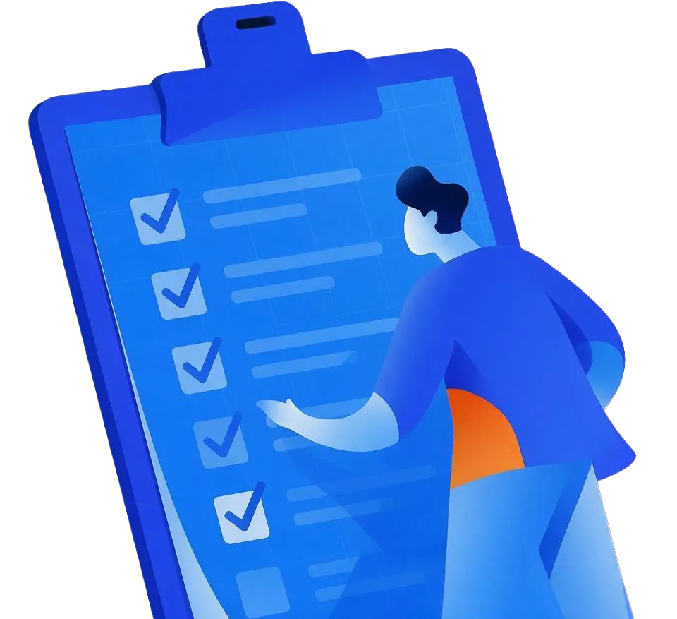 Illustration of a person using a wrench to adjust large blue gears.