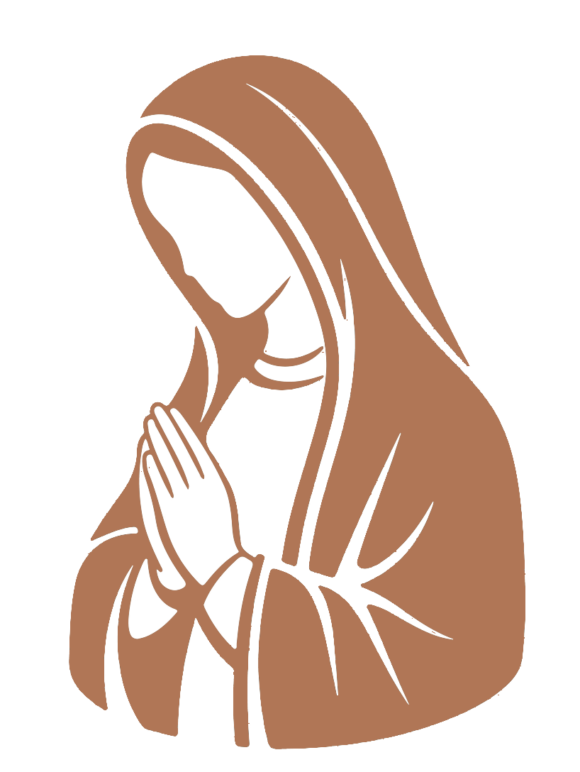 Line-art illustration of Mary in prayer